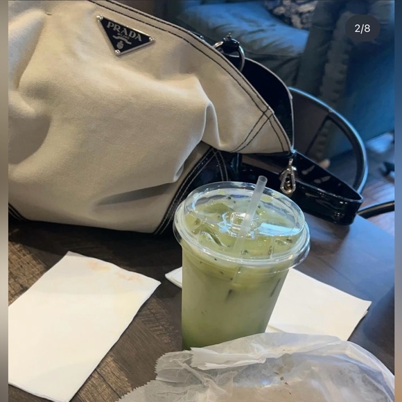 Prada Vernice-trimmed canapa tote - Picture 8 of 8